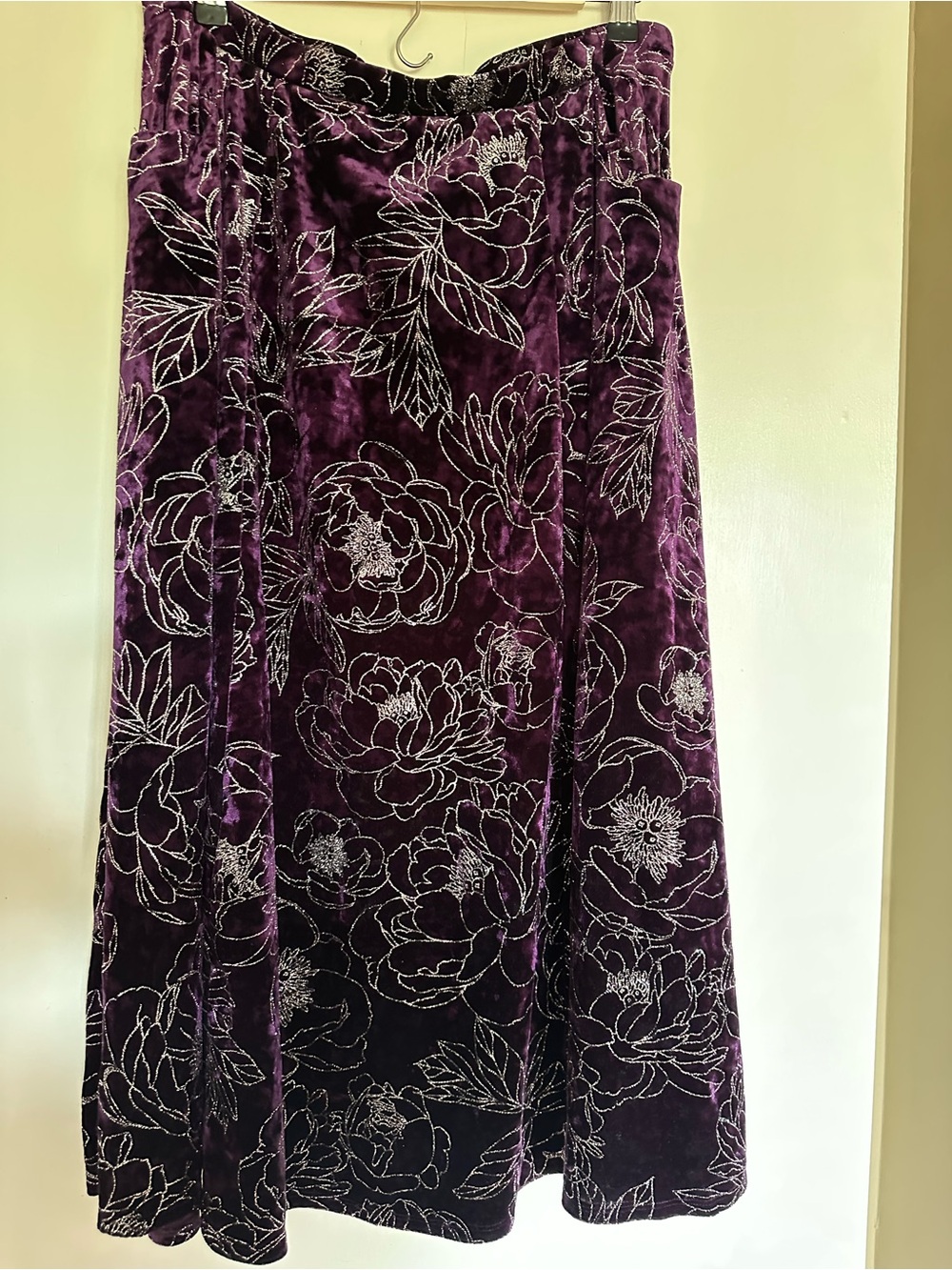 LuLaRoe Purple Velvet Maxi Skirt with Silver Floral Embroidery